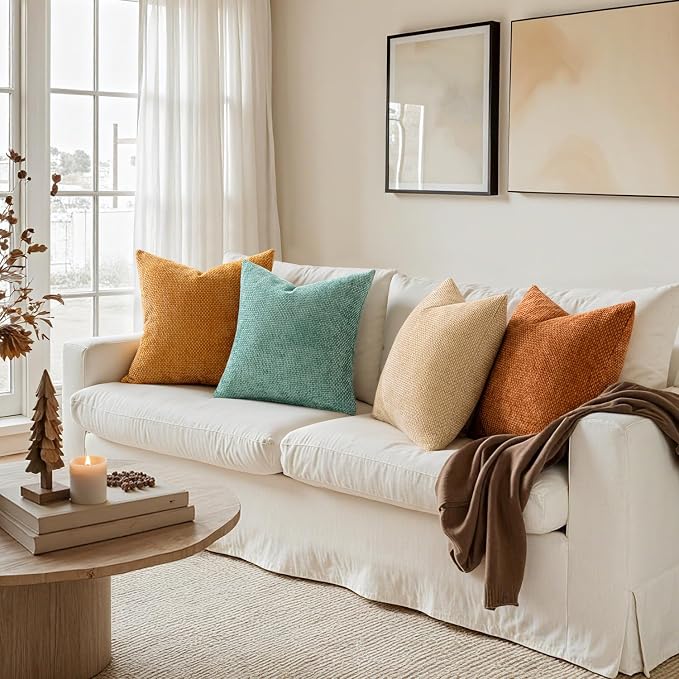 MIULEE Soft Decorative Chenille Fall Pillow Covers Beige Orange Teal 18x18 | - Image 5