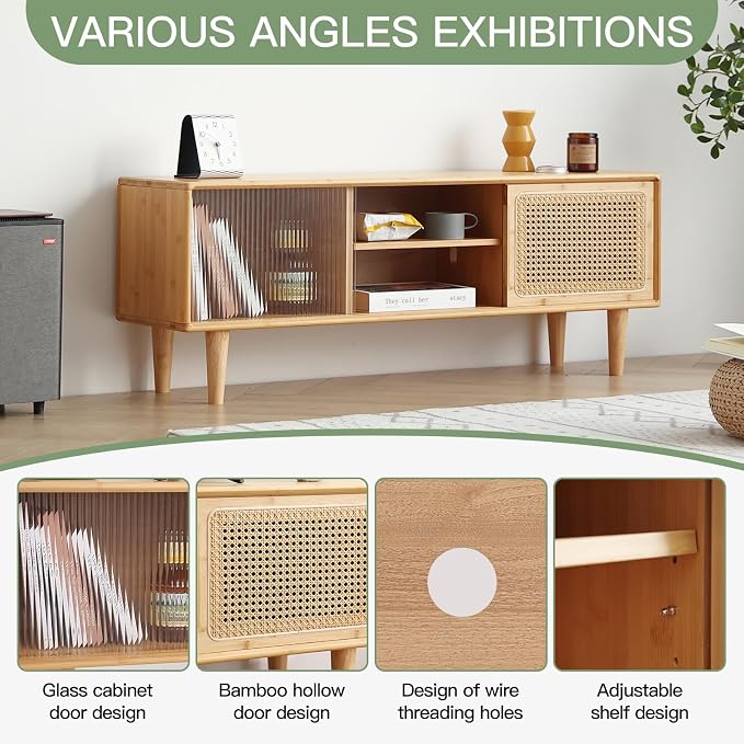 Welnow Rattan TV Stand for Up to 55 Inch, Mid Century Modern Bamboo - Image 5