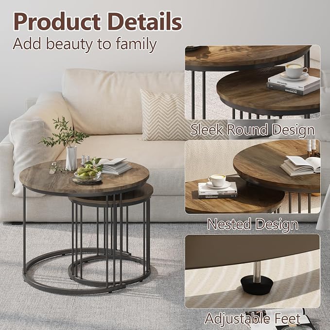 Garden 4 you Nesting Coffee Table, 23.6" Round Coffee Table Set of 2, Wooden - Image 6