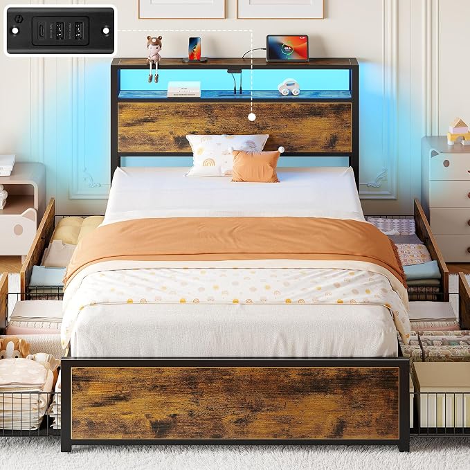 Rolanstar Twin Bed Frame with 4 Storage Drawers, Charging Station and LED Lights - Image 8