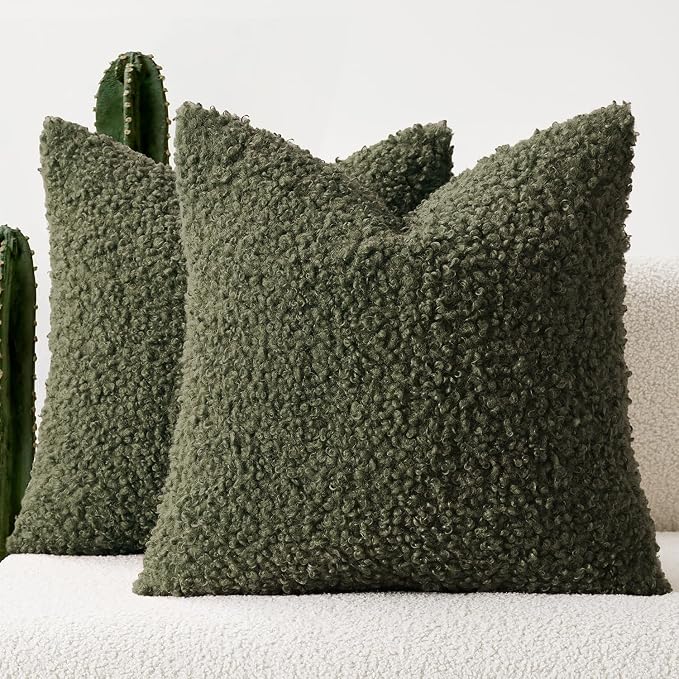 Faux Fur Throw Pillow Covers 18x18 Inch Set of 2 Boucle Neutral Decorative by Woaboy