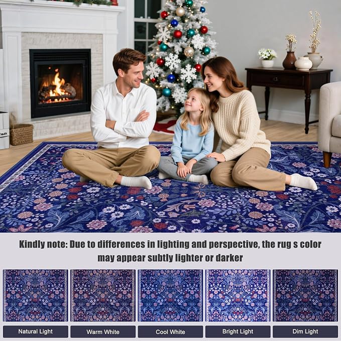 PLHXFR Area Rug 10x12 Living Room: Floral Washable Boho Soft Carpet Blue | - Image 9