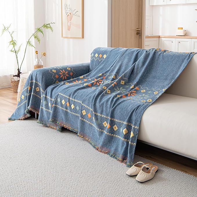 DREAMINGO Blue Boho Couch Cover Geometric Jacquard Sofa Covers - Image 2