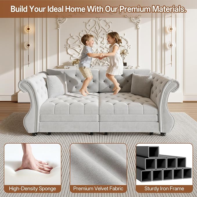 83.8" Oversized Pull Out Sofa Bed, Chesterfield Velvet Sleeper Sofa Couch - Image 5