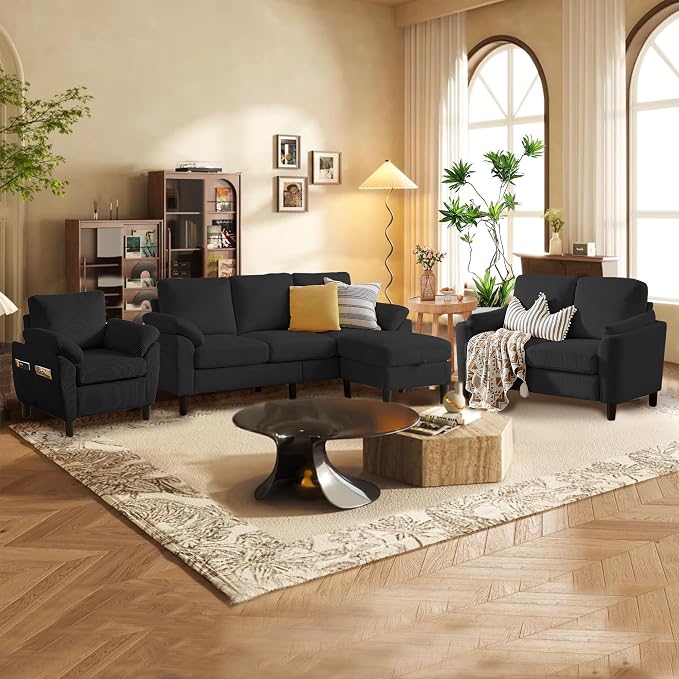 4 Piece Modern Corduroy Sofa Set, L-Shaped Sectional Couch - Image 3