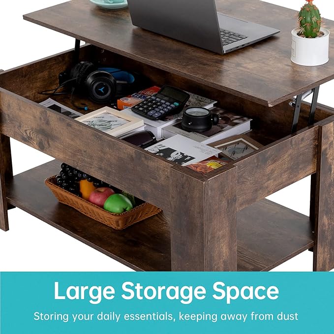 FDW Lift Top Coffee Table with Hidden Compartment and Storage Shelf Wooden Lift - Image 5