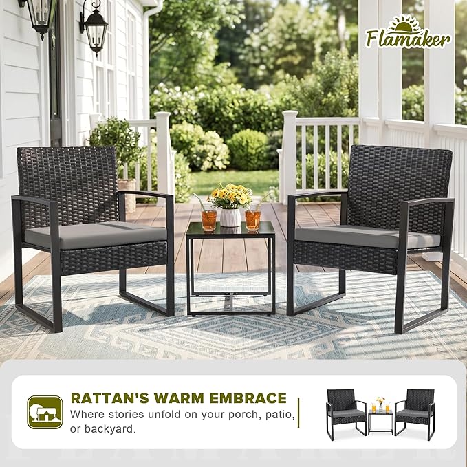 Flamaker 3 Pieces Patio Set Outdoor Wicker Furniture Modern Bistro Rattan Chair - Image 2