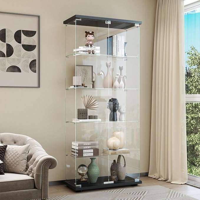 Display Cabinet with Glass Door and Lock, 5-Shelf Curio Cabinets with 5mm by glassdisplaycabinet