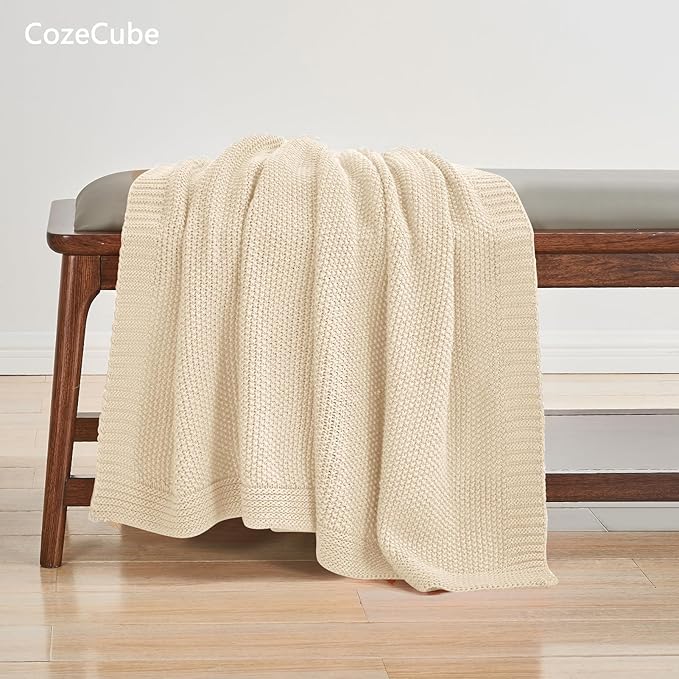 CozeCube Light Beige Seed Stitch Throw Blanket 50"x60", Farmhouse Decor | - Image 4