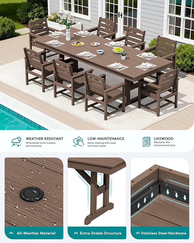 SERWALL Outdoor Dining Table, All Weather HDPE Patio Dining Table - Image 4