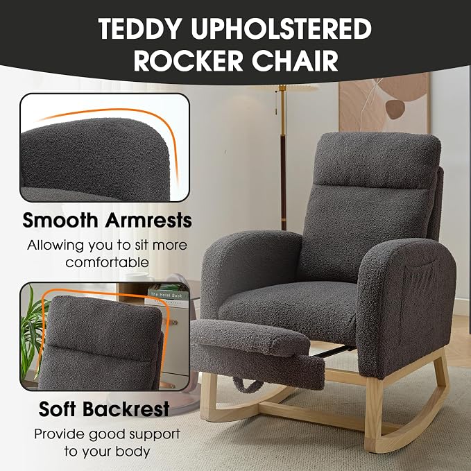 NIOIIKIT Modern Nursery Rocking Chair, Teddy Upholstered Rocking Chair - Image 6