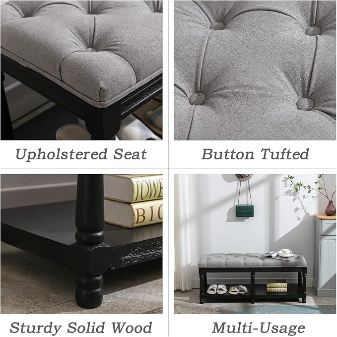 Farmhouse Storage Bench Wooden Entryway Linen Upholstered Ottoman Button Tufted - Image 3