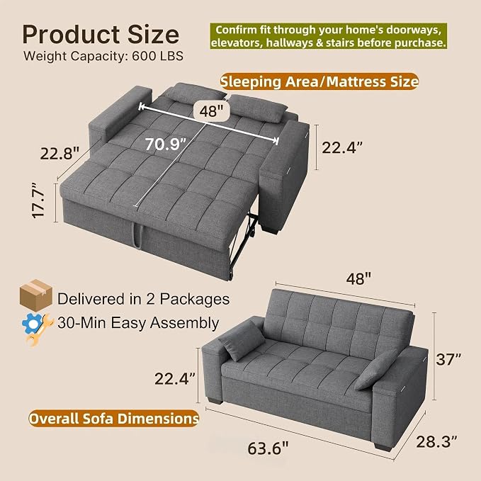 Gizoon 3 in 1 Convertible Sofa Bed, 63.6'' Pull Out Couch - Image 3