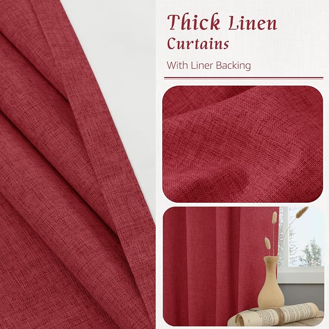 Red 100% Blackout Linen Window Curtains - Image 7
