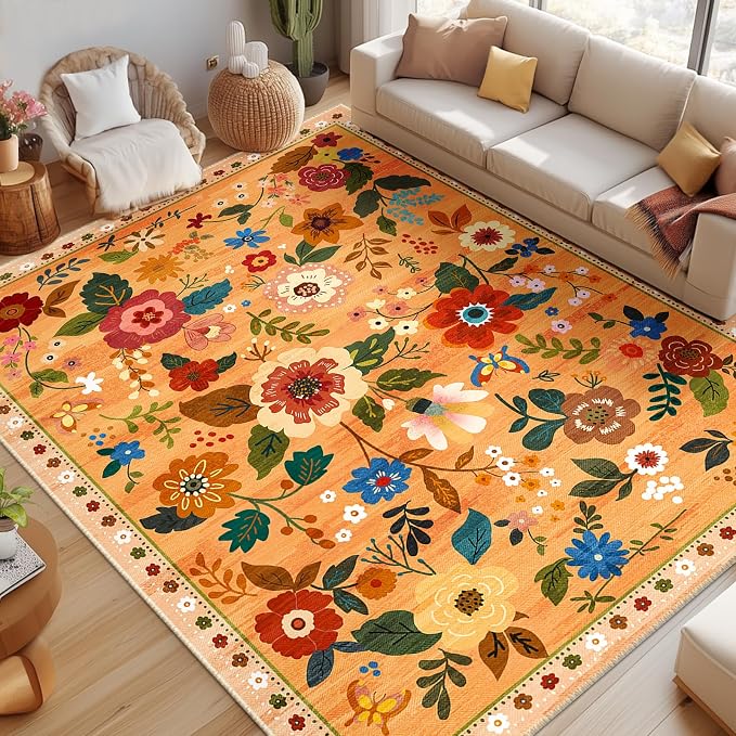 RELEANY Floral Washable 9x12 Area Rugs Yellow/Orange/Red | Flower Carpet Print by RELEANY