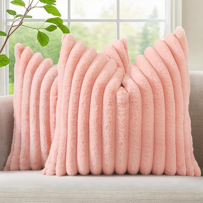 decorUhome Fall Faux Fur Throw Pillow Covers 24x24 Set of 2 Blush Pink | by decorUhome