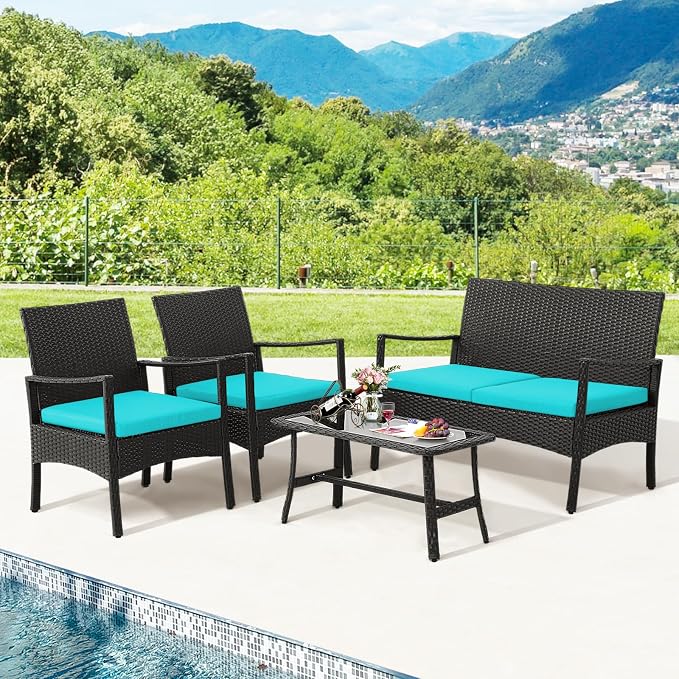Tangkula 4 Pieces Rattan Conversation Set, Patio Sofa Couch Set - Image 6