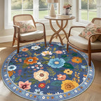 RELEANY Floral Washable Round 6ft Area Rug Blue/Grey | Flower Carpet Print Boho by RELEANY