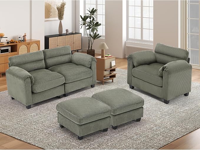 HAOMARKETS Corduroy 4-Piece Sofa Set, Upholstered Ottoman Set of 2, Accent - Image 6