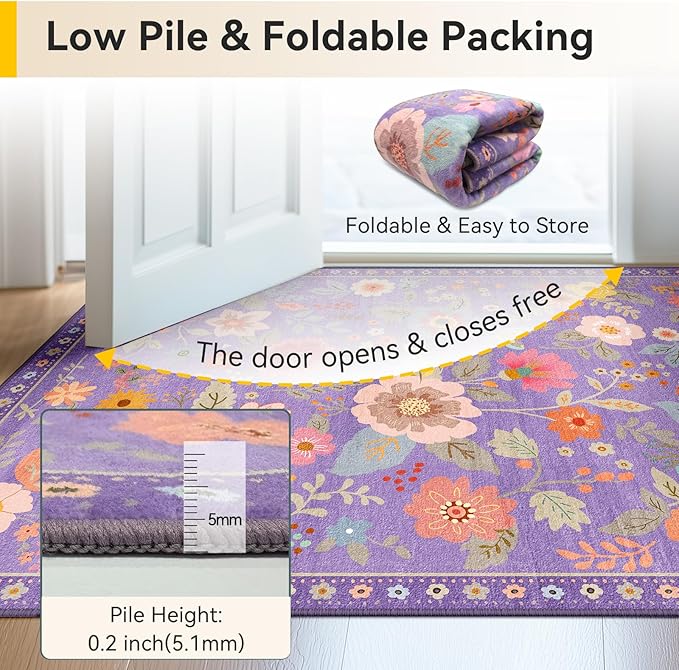 Floral Washable 2x6 Area Rugs Runner Entryway Hallway Purple/Pink | Flower - Image 4