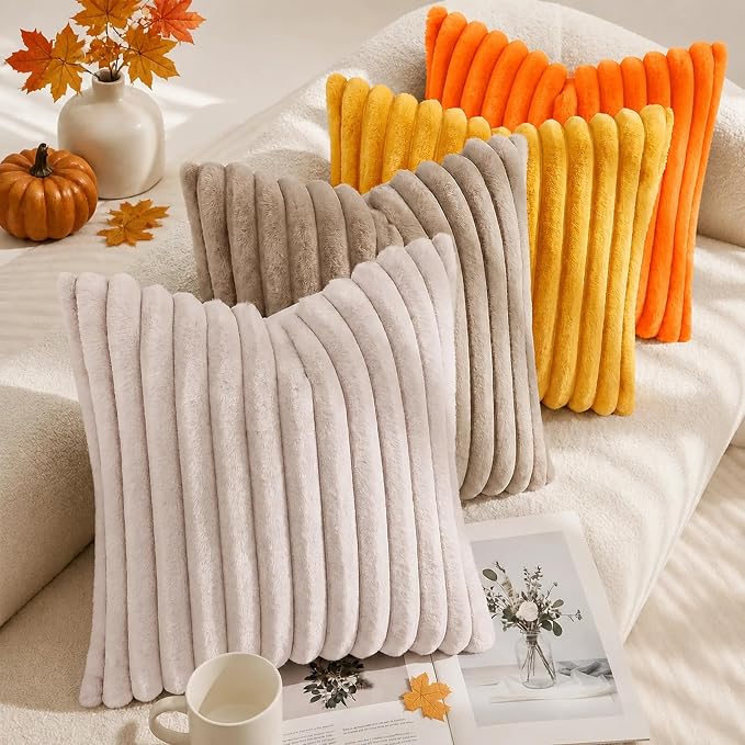 decorUhome Fall Faux Fur Throw Pillow Covers 20x20 Set of 2 Orange | Decorative - Image 5