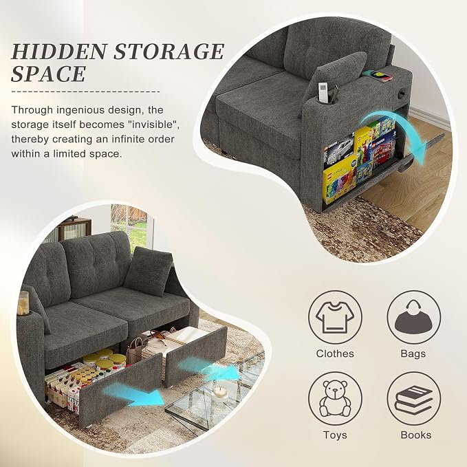 67" Small Loveseat Couch with Storage, USB Charging and Cup Holder, Space - Image 4