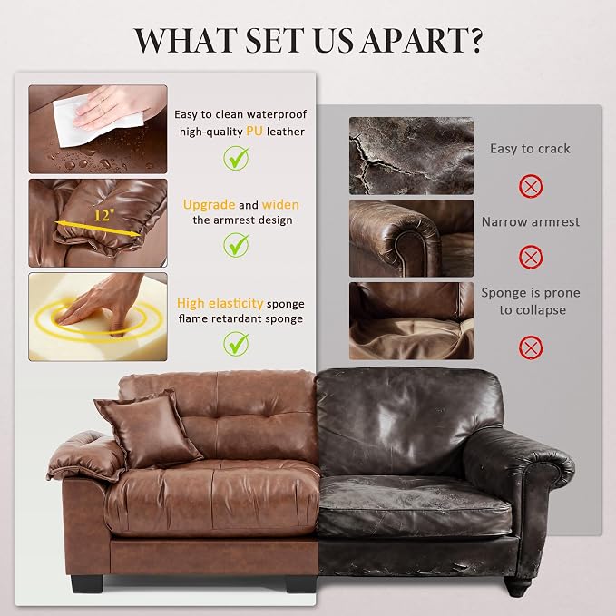 Faux Leather Sofa, Mid Century Modern Deep Loveseats, Comfy Cloud Couch - Image 3