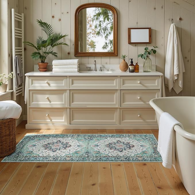 RELEANY Washable Area Rug, Runner 2'x6', Teal Green/White/Navy | Non-Slip - Image 4