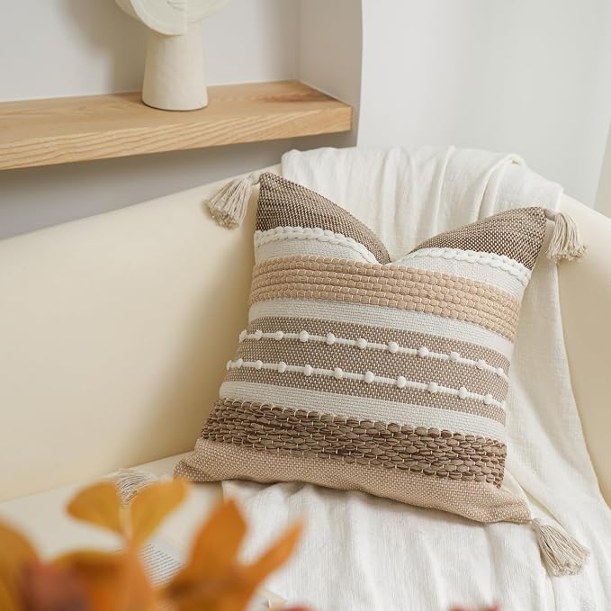 Boho Decorative Throw Pillow Cover 22x22 Square Brown Accent Pillowcase Tassels - Image 6
