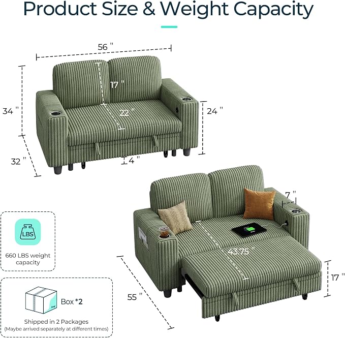 LINSY HOME Loveseat Sofa with Pull Out Couch Chaise: 2-in-1 Convertible 2 - Image 2