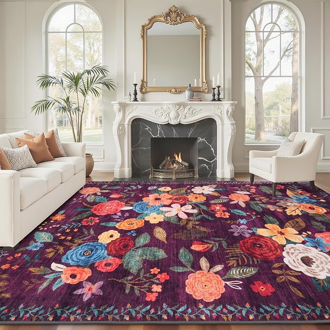 Purple Area Rug 9x12 for LivingRoom Bedroom | Low Pile; Non Slip;Machine by WelcometoBabovid