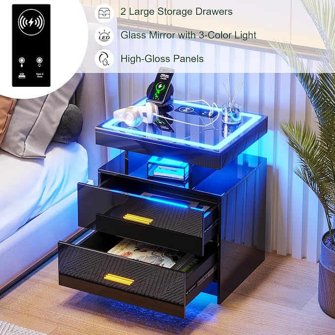 HNEBC LED Nightstand with Charging Station High Gloss Bedside Table with 2 - Image 6