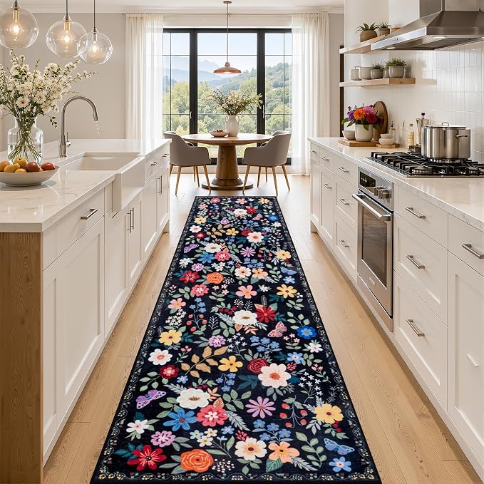 PLHXFR 2.6x14 Washable Runner Rug：Floral Indoor Kitchen Soft Carpet Black | by PLHXFRSoftAreaRugs
