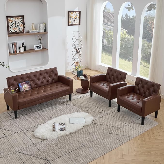 TYBOATLE 62" W Leather Loveseat w/Chairs, 3 Piece Sofa Sets - Image 2