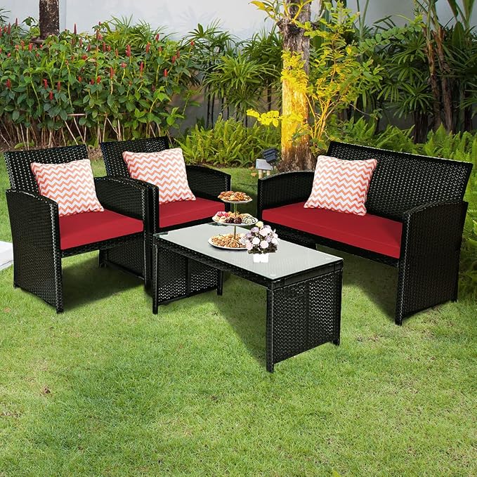 Tangkula Patio Wicker Conversation Furniture Set, Patiojoy Sofa & Table Set w/4 - Image 4