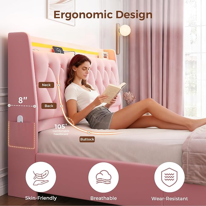 Queen LED Velvet Bed Frame - Image 5