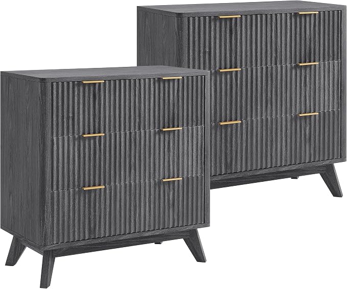 T4TREAM Fluted 3 Drawers Nightstand Set of 2, Oversized Extra Large Modern Side by T4TREAMFurniture