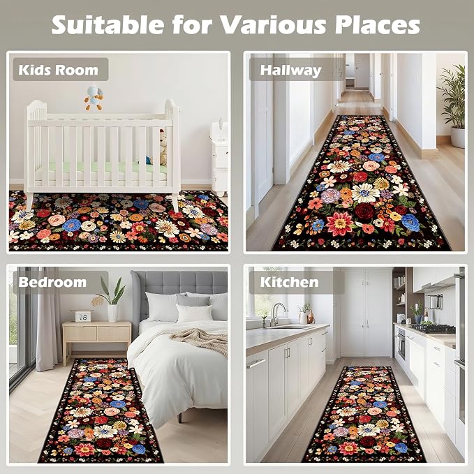 Black Brown Floral Hallway Runner Rug 2x6 - Image 5