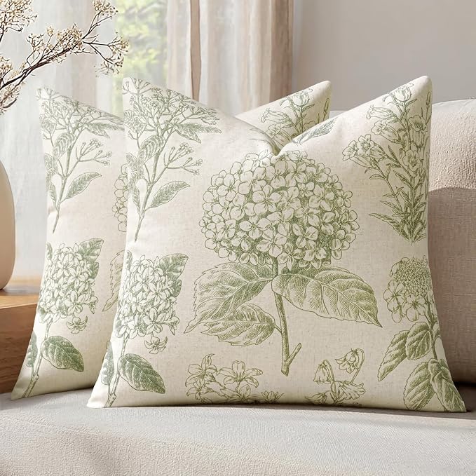 Set of 2 Decorative Floral Pillow Covers 20x20 Inch Sage Green | Neutral by SWANCOCO