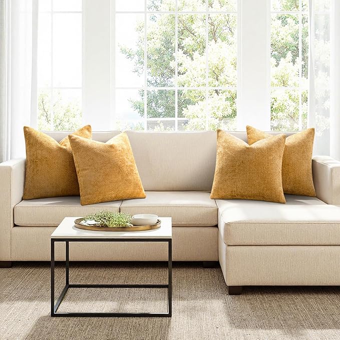 MIULEE Soft Decorative Chenille Pillow Covers Gold 18x18 Pack of 4 | Modern - Image 4