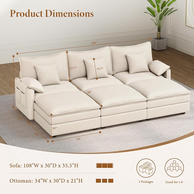 Vesgantti 108" Sectional Sleeper Sofa, 6-Seater Oversized Modular Cloud Couch - Image 2