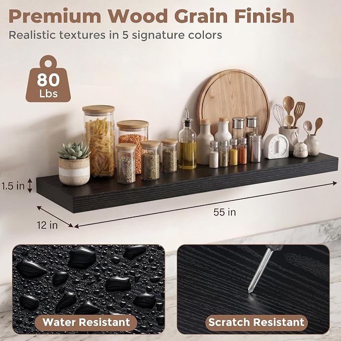 12 inch Deep Floating Shelves for Wall, 55 inch Wide Engineered Wood Wall - Image 2