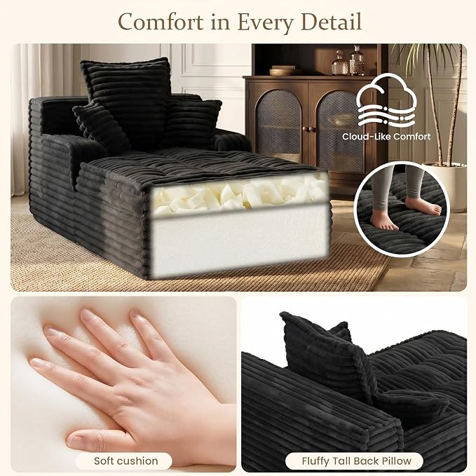 Boneless Chaise Lounge Couch Indoor, Small Corduroy Upholstered Sleeper Sofa - Image 3