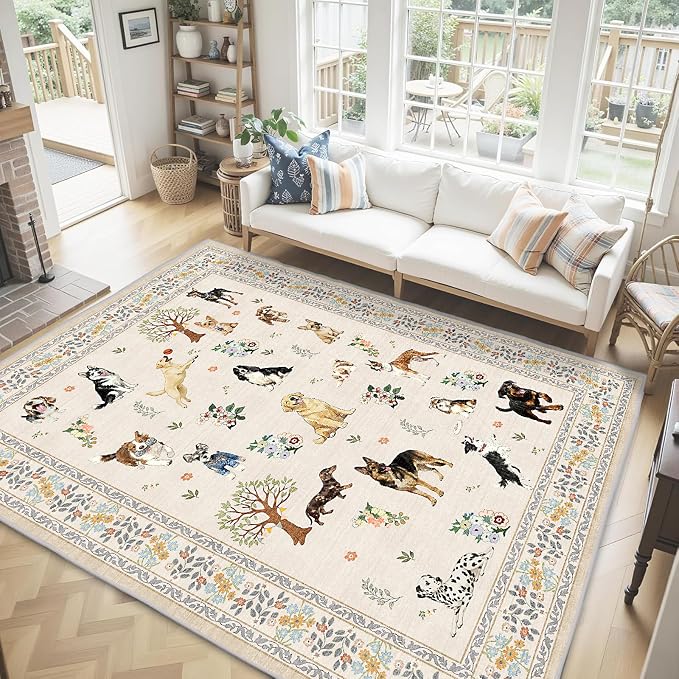 Beige Area Rug 5x7 for Bedroom Livingroom | Ultra-Thin; Boho Style; Low Pile; - Image 2