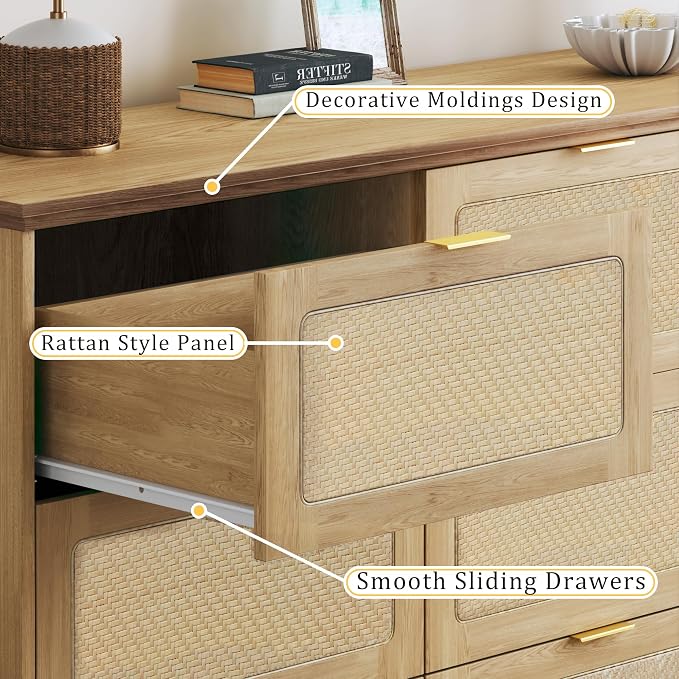 HUAHUU 9 Drawer Dresser for Bedroom, 60 Inch Long Dressers & Rattan Chest of - Image 3