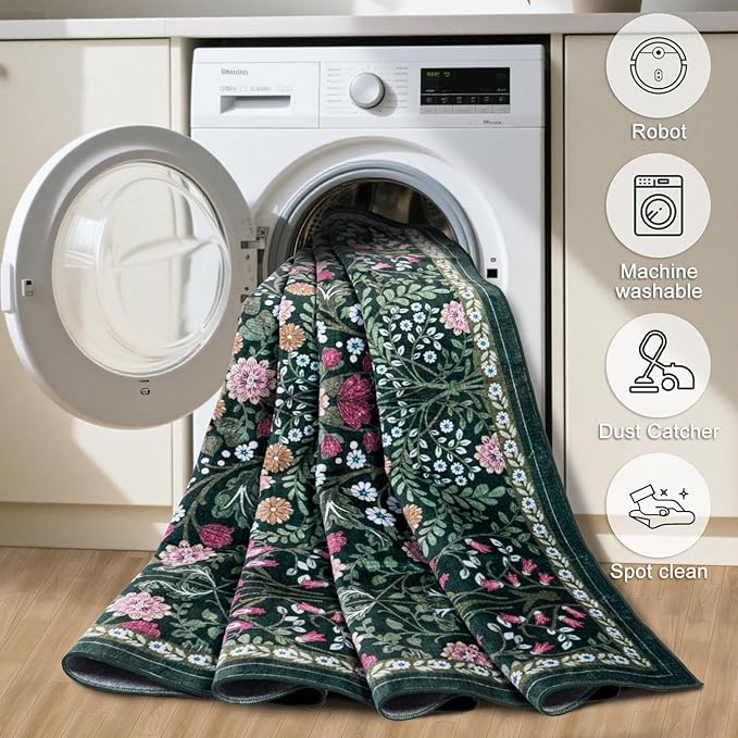 PLHXFR 3x10 Washable Runner Rug：Floral Indoor Kitchen Carpet Dark Green | - Image 8