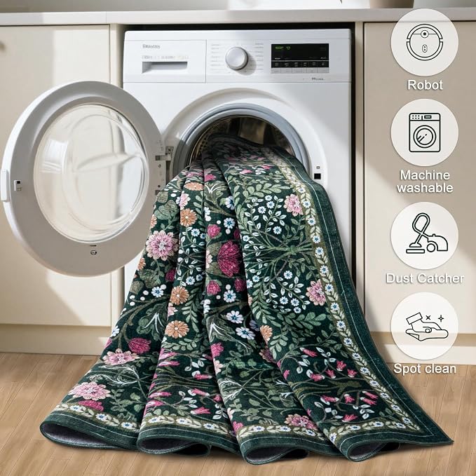 PLHXFR Area Rug Living Room: 3x5 Floral Washable Boho Carpet Dark Green | - Image 8