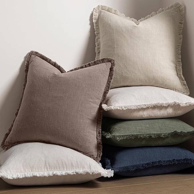 MIULEE Linen Fringe Decorative Fall Throw Pillow Covers Malt Ball 20x20 | Set - Image 5