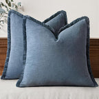 MIULEE Boho Linen Fringe Decorative Throw Pillow Covers Blue Ashes 16x16 | Set by MIULEE