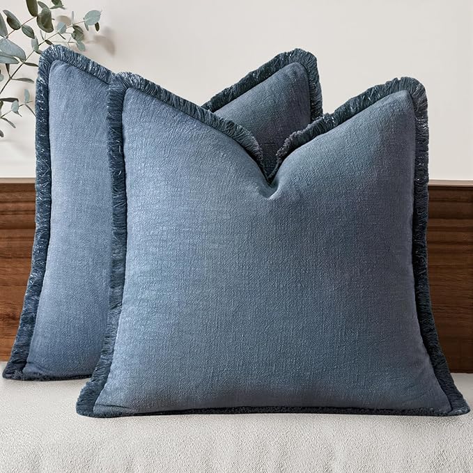 MIULEE Linen Fringe Decorative Euro Throw Pillow Covers Blue Ashes 22x22 | Set by MIULEE